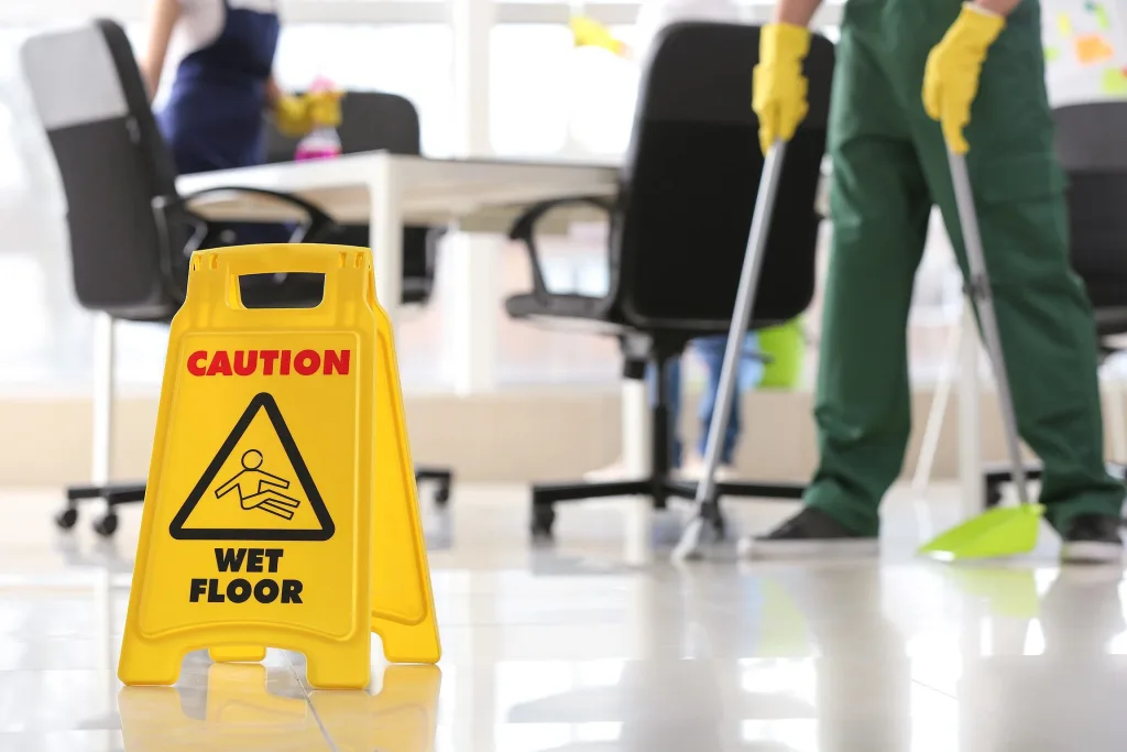 A Yellow “caution, wet floor” sign sitting on the ground while a janitor sweeps the floor behind it which helps avoid premises liability lawsuits. 