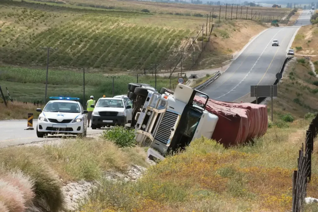 A truck on its side on the side of the road.