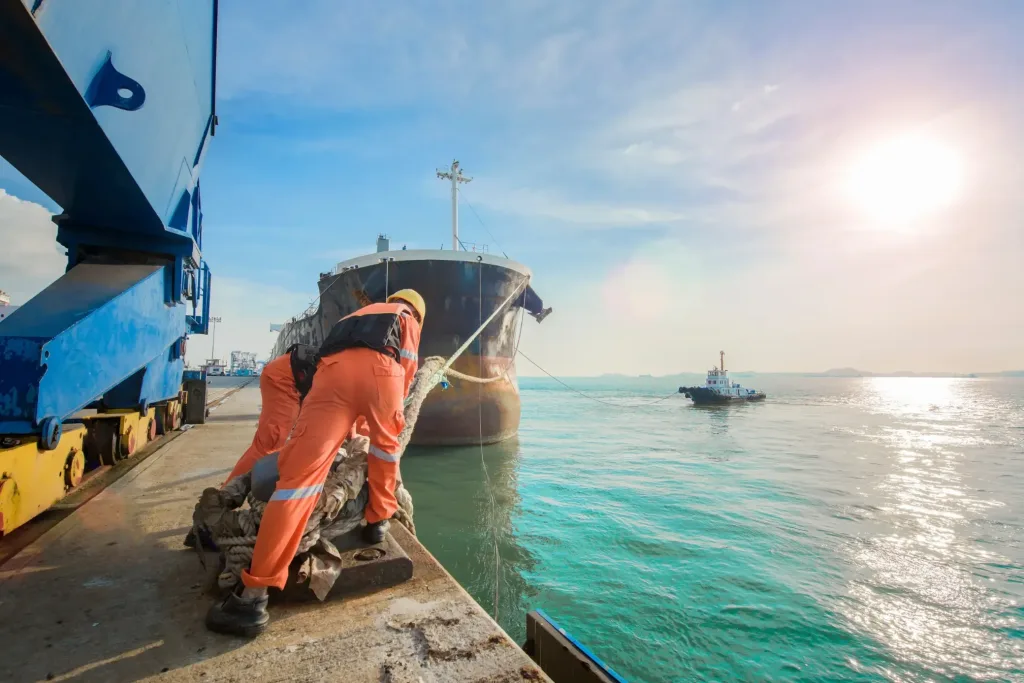 Two workers helping bring in a boat to a dock.