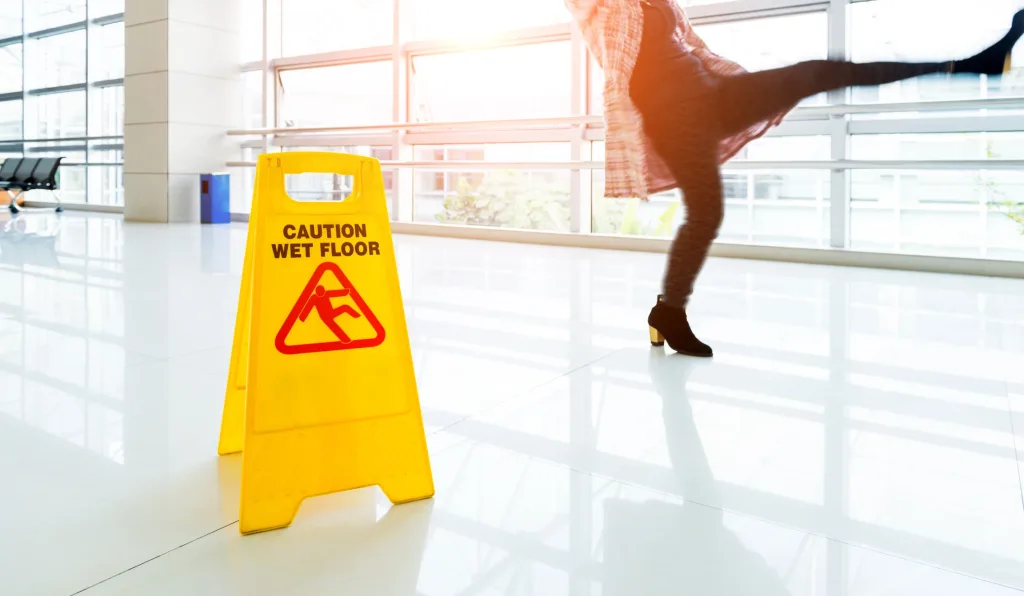 A woman slipping next to a slip and fall sign.