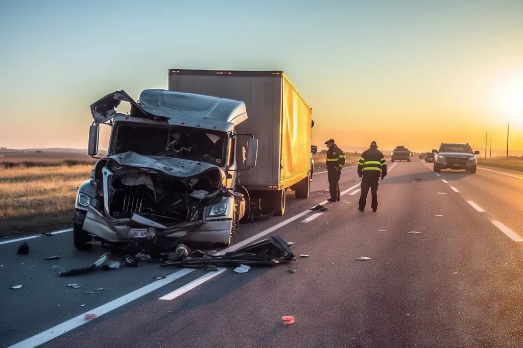 A crashed semi truck on the highway.