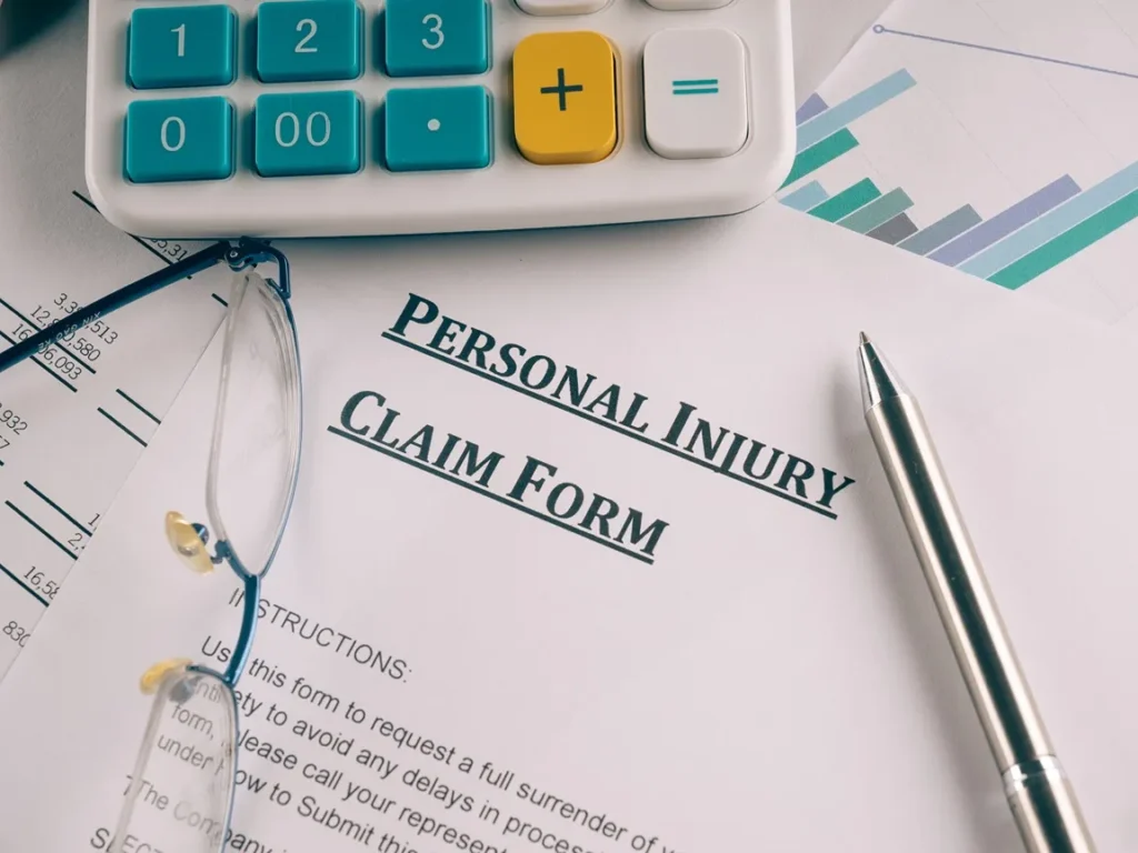 A form that says personal injury claim form with a pen and calculator.