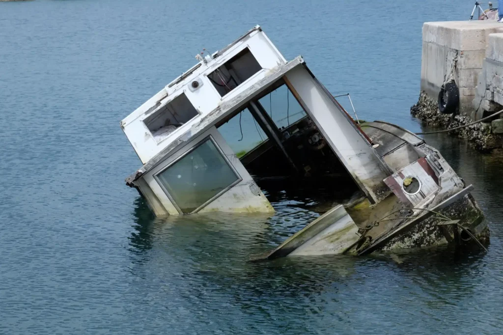 A damaged boat sinking in the water.