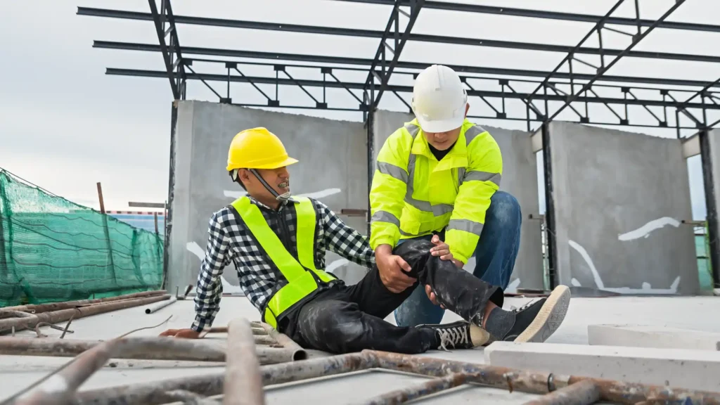 A construction worker holding his leg and his coworker is helping him after an injury.